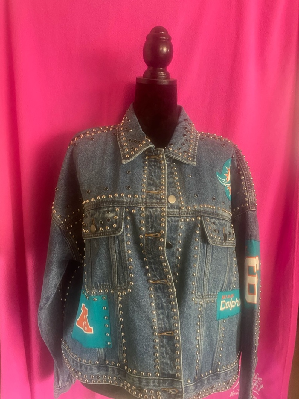 Studded Denim Jean Jacket with Teal Dolphins Accents